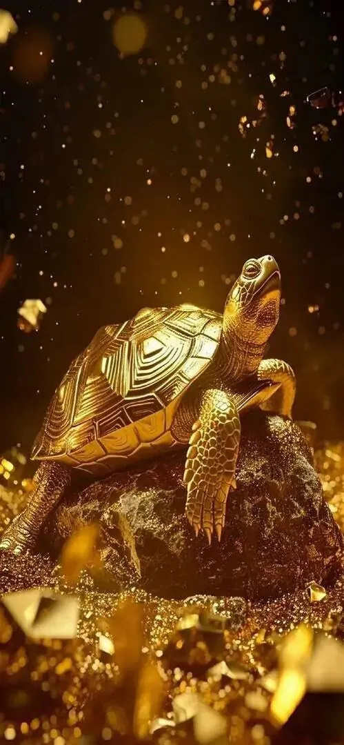 Rùa vàng ngẩng đầu chậm rãi giữa hồ sen, ánh mắt hiền và thân phủ sắc vàng óng, nền mờ nhẹ khiến ảnh nền kim quy trông thanh sạch, hợp người tuổi chuộng phong thủy
