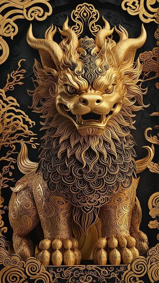 Tỳ hưu xanh ngọc nhìn thẳng giữa nền mây sáng, sừng cao và mắt mở rõ, thân phủ hoa văn mịn khiến khung ảnh dịu mắt hơn mà vẫn giữ nét phong thủy bình an