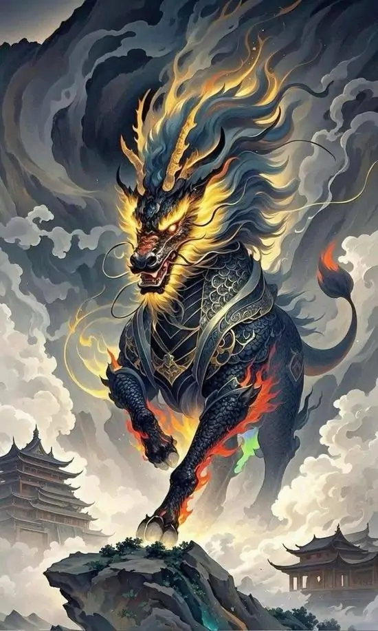 Một con tỳ hưu xanh lam đang vờn viên ngọc sáng trên nền mây tím, thân uốn mềm và cánh mỏng, hình ảnh trông cute hơn thường thấy nhưng vẫn hợp chiêu tài