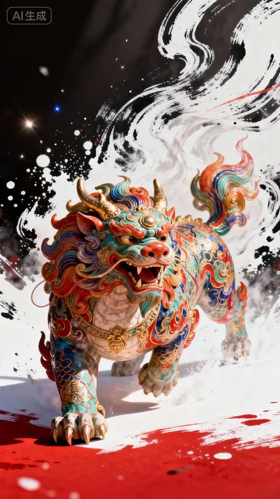 Tỳ hưu ngọc trắng nằm nghiêng trên mặt kính đen, miệng khép và mắt hiền hơn, cách lên sáng nhẹ làm bức tranh tỳ hưu điện tử toát ra cảm giác bình an