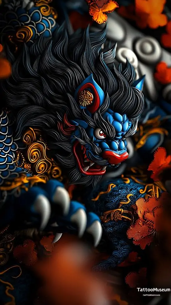 Ảnh đại diện tỳ hưu đỏ son chụp cận mặt với sừng cao và bờm dày, ánh sáng rọi từ bên phải khiến thần thái rõ hơn và hợp chủ đề tài lộc