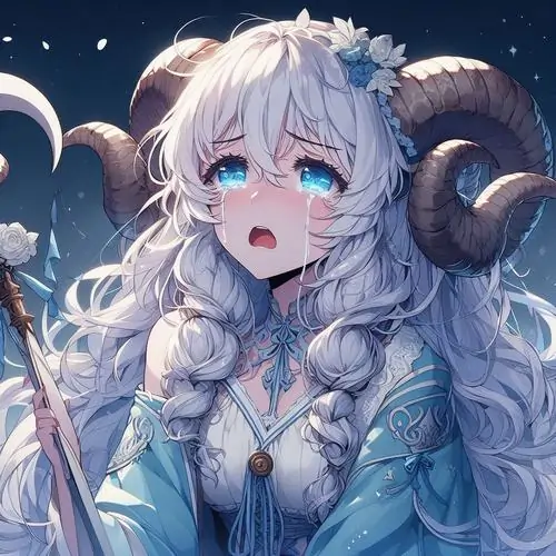 Bé gái chibi tóc trắng mặc áo lông xanh đứng giữa khung đêm, đôi sừng cong ôm gương mặt tròn và mắt xanh to khiến ảnh nữ này vừa lạnh vừa dễ thương