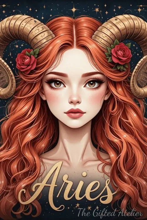 Cô gái anime tóc đỏ uốn dày nhìn thẳng chính diện, hai bên đầu gắn sừng cừu mềm cong và nền tối làm gương mặt sáng lên, rất hợp làm hình đại diện Dương Cưu nữ đẹp