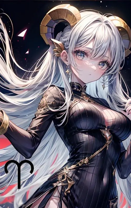 Nữ nhân anime tóc bạc đứng nghiêng trong bộ váy đen ôm dáng, ánh mắt lạnh và đôi sừng nhỏ làm tổng thể gọn, sắc và khá đẹp theo kiểu Bạch Dương trưởng thành