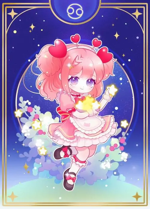 Bé chibi tóc hồng đứng giữa khung tím sao vàng, váy phồng nhiều lớp và bàn tay giơ lên như đang chào, ảnh nhân vật cung nước mini này cute và hợp làm avatar mềm