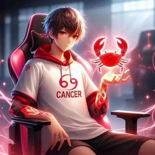 Chàng trai anime ngồi bên bàn với áo trắng in số 69 Cancer, tay nâng quả cầu đỏ phát sáng và ánh nhìn nghiêng mạnh, tổng thể ngầu hơn hẳn các mẫu cung Cự Giải nữ anime chibi