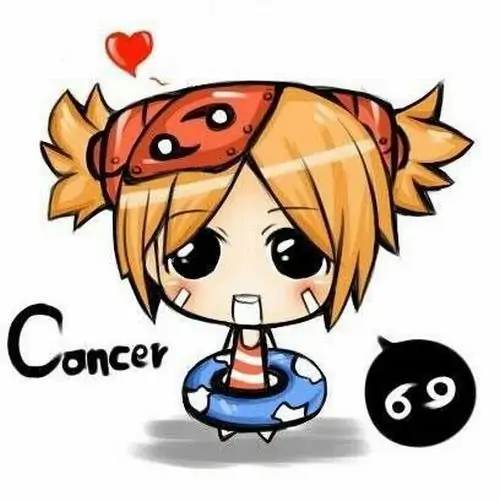 Hình đại diện cung con cua bé gái tóc cam đội mũ bọ rùa đỏ, cầm bảng nhỏ có chữ Cancer và đứng lệch người, nét vẽ ngộ nghĩnh khiến tranh trông cute và tinh nghịch