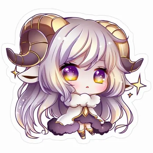 Gương mặt chibi tóc tím với đôi sừng xoắn nhỏ chiếm gần trọn khung, mắt vàng sáng và má hồng nhẹ giúp hình đại diện này xinh, gọn và rất dễ nhớ