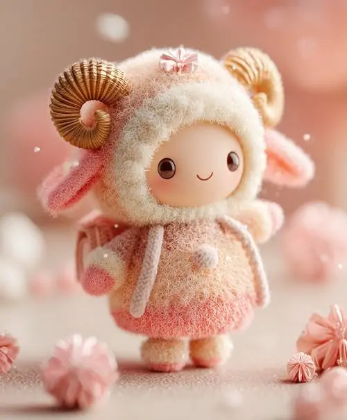 Hình vẽ Aries búp bê nhỏ mặc đồ lông màu kem đứng trên nền hồng nhạt, hai sừng nâu và khuôn mặt tròn làm cả bức trông mềm như đồ chơi dễ thương