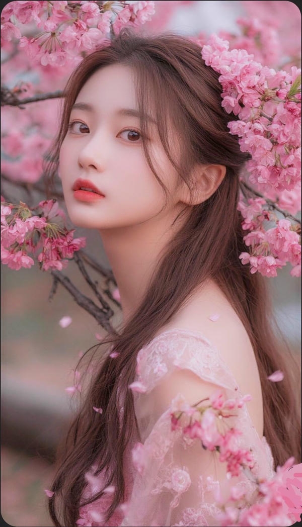 Cô gái xinh đứng cạnh hoa đào mùa xuân.