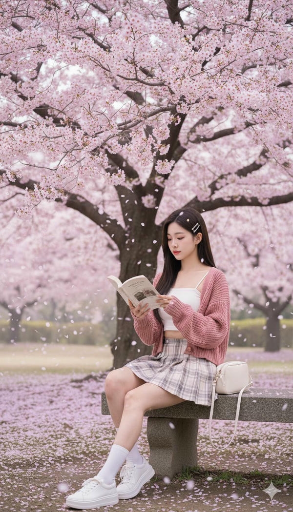 Cô gái xinh tạo dáng bên hoa đào mùa xuân.