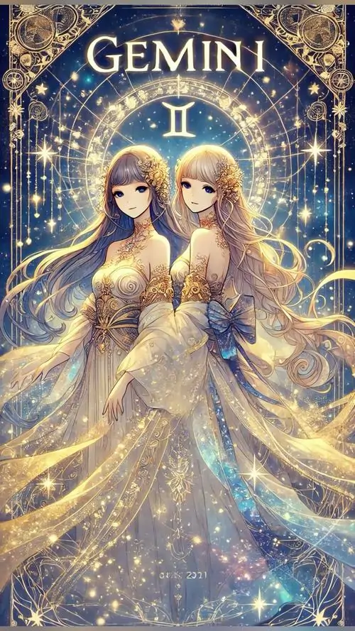 Ảnh avatar hai cô gái Song Tử đứng cạnh nhau trong váy sáng lấp lánh, tóc dài buông mềm và ánh nhìn hiền, khung dọc phủ sắc vàng làm tổng thể đẹp như tranh cung hoàng đạo