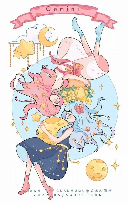 Tờ minh họa tông hồng kem vẽ cô bé chibi bay nghiêng cùng mây, sao và biểu tượng nhỏ xinh, nét vẽ tròn trịa làm hình vẽ nhân vật Song Tử phong cách Nhật Bản này nhìn vui mắt