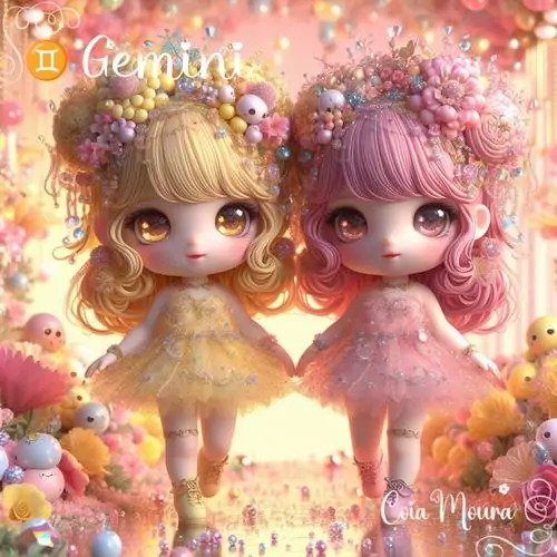 Cặp búp bê chibi tóc vàng và hồng đứng cạnh nhau giữa nền kẹo ngọt, váy phồng nhiều lớp cùng đôi mắt tròn khiến hình Song Tử nữ nhỏ bé này cute như món đồ sưu tầm