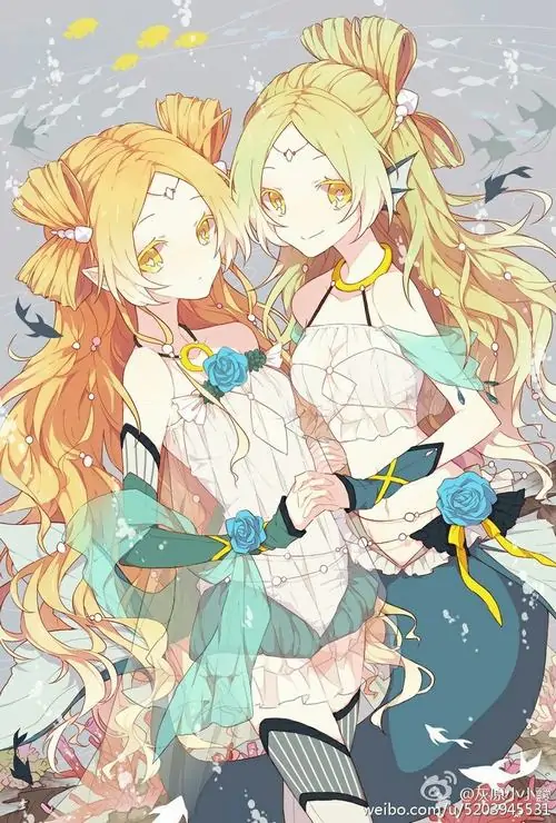 Hình nền cặp chị em tóc vàng ôm sát nhau, nơ xanh và váy bèo làm khung ảnh sáng bừng, nét anime mềm khiến tranh hoạt hình Song Tử nữ tí hon nhìn rất dễ thương