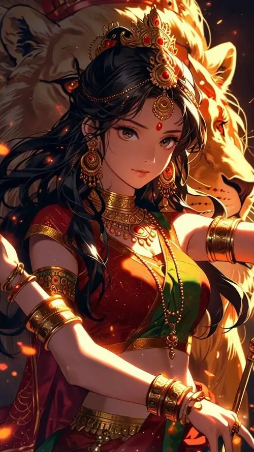 Cô gái da nâu mặc đồ đỏ đen đứng bán nghiêng giữa lửa cam, tóc búi cao và vòng cổ vàng khiến tổng thể có độ sắc, đúng kiểu ảnh Sư Tử nữ phong cách Manga hơi ngầu