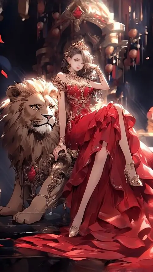 Nhân vật nữ ngồi trên ghế thấp cạnh sư tử, váy đỏ xẻ mềm và đèn ấm phía sau làm ánh mắt trầm lại, kiểu ảnh này hợp làm ảnh hồ sơ Sư Tử nữ sang mà dễ nhìn
