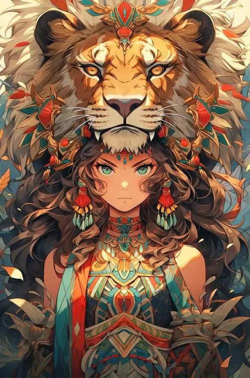 Nhân vật nữ đội mũ lông và vòng lá ôm khuôn mặt nhỏ, đứng chính diện dưới bờm sư tử rực nắng, tông vàng đồng làm hình Leo nữ hoạt hình tí hon trông ngầu mà vẫn mềm