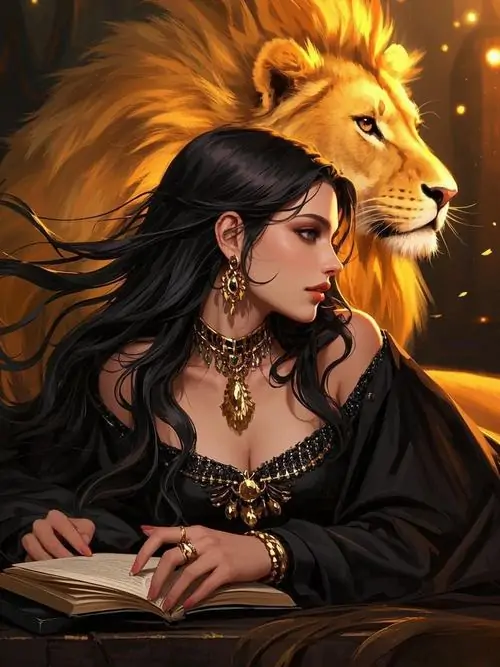 Ảnh chủ đề cô gái váy đen ngồi nghiêng trước đầu sư tử vàng lớn, mái tóc dài ôm vai và nền sao ấm giúp bức này vừa ngầu vừa hợp tinh thần tranh vẽ hoàng đạo Leo