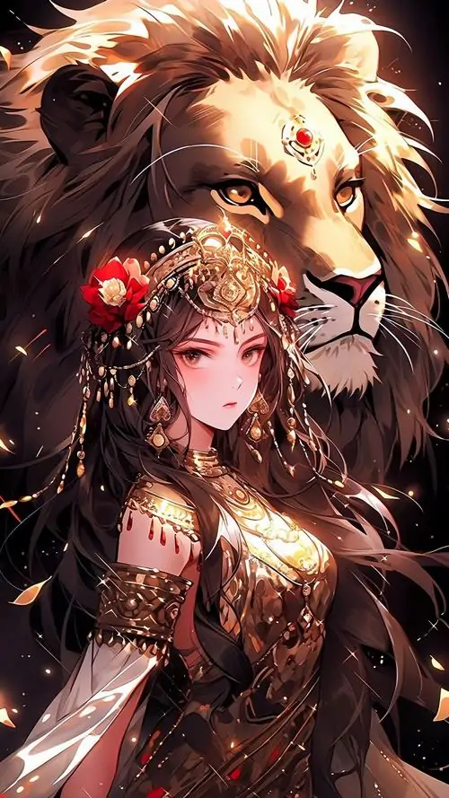 Hình nền thiếu nữ tóc nâu đỏ nghiêng người dưới đầu sư tử sáng viền, váy ren tối và hoa cài tóc khiến khung dọc này vừa ấm vừa cuốn theo nét ảnh đại diện Sư Tử nữ dễ thương