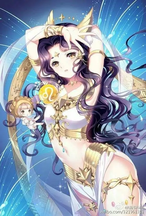 Avatar anime cô gái tóc tím mặc váy trắng xanh đứng trong vòng sáng cung hoàng đạo, tai thú nhỏ và phụ kiện vàng làm gương mặt cute hơn, hợp kiểu ảnh nhân vật Sư Tử nữ cách điệu