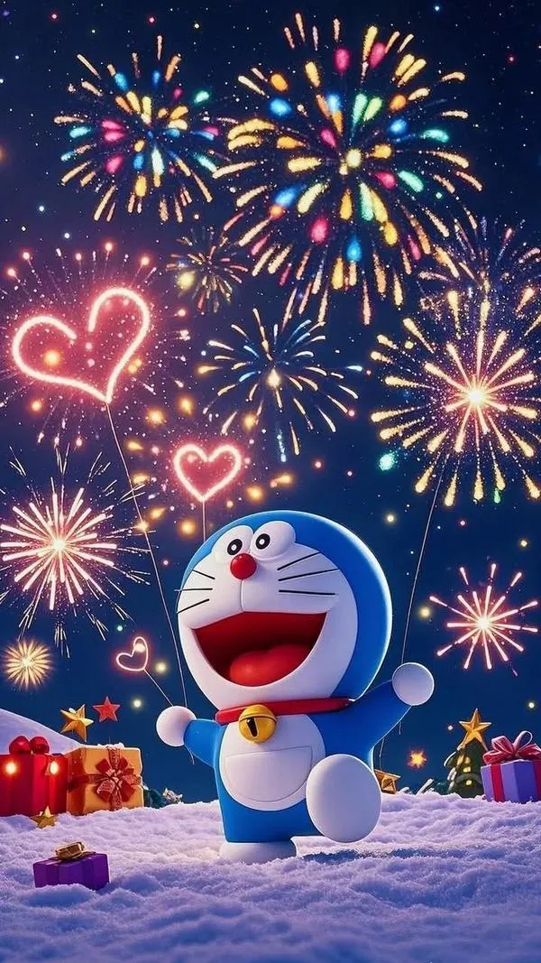 hinh-anh-doraemon-tet-2026-1 Hình nền điện thoại Doraemon ngắm pháo hoa giao thừa, nền đêm xanh tím, không khí Tết rộn ràng