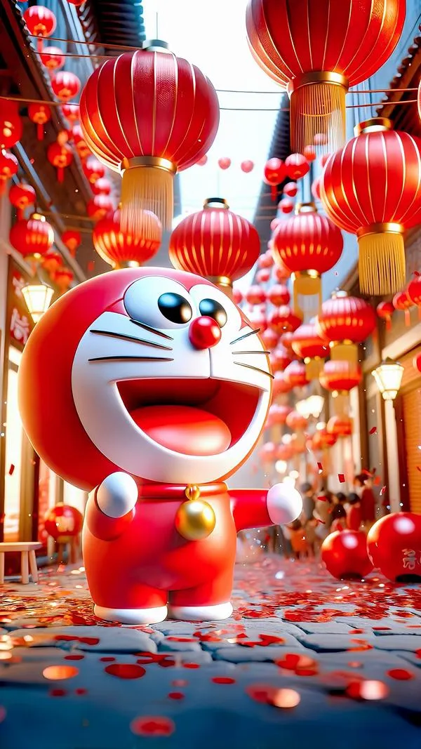 hinh-anh-doraemon-tet-2026-10 Tải ảnh mèo ú đứng dưới chùm đèn lồng đỏ, nền phố Tết sáng rực, hợp làm ảnh bìa