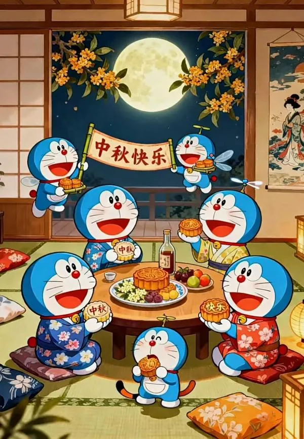 hinh-anh-doraemon-tet-2026-12 Ảnh fanart Doraemon cùng bạn bè quây quần mâm cỗ, bánh chưng và câu đối tạo không khí Tết