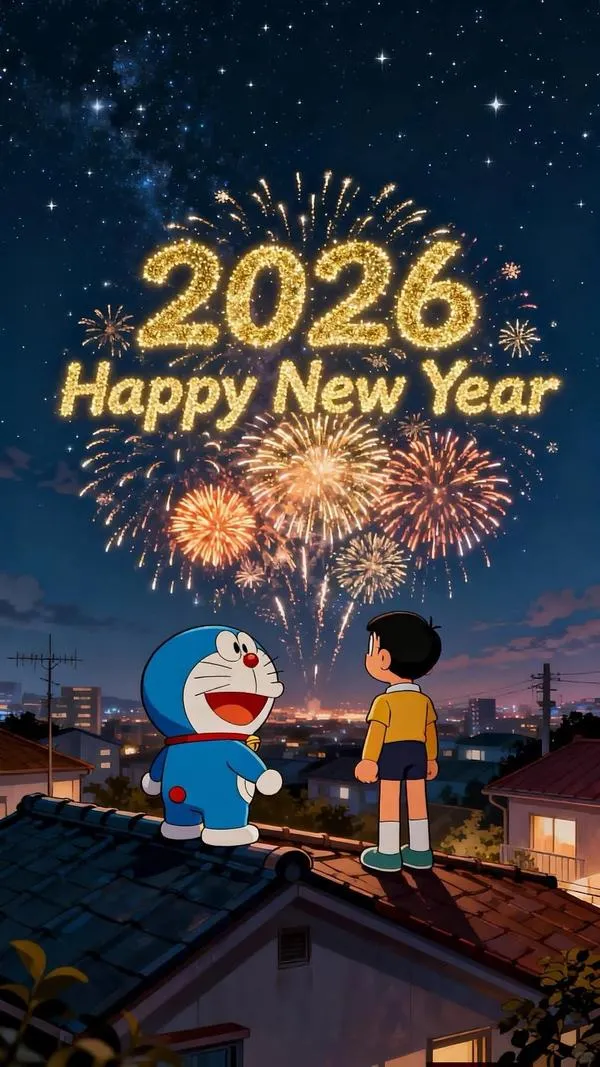 hinh-anh-doraemon-tet-2026-13 Hình nền 4K Doremon trên mái nhà ngắm 2026, nền trời đêm xanh sâu, cảm giác yên bình