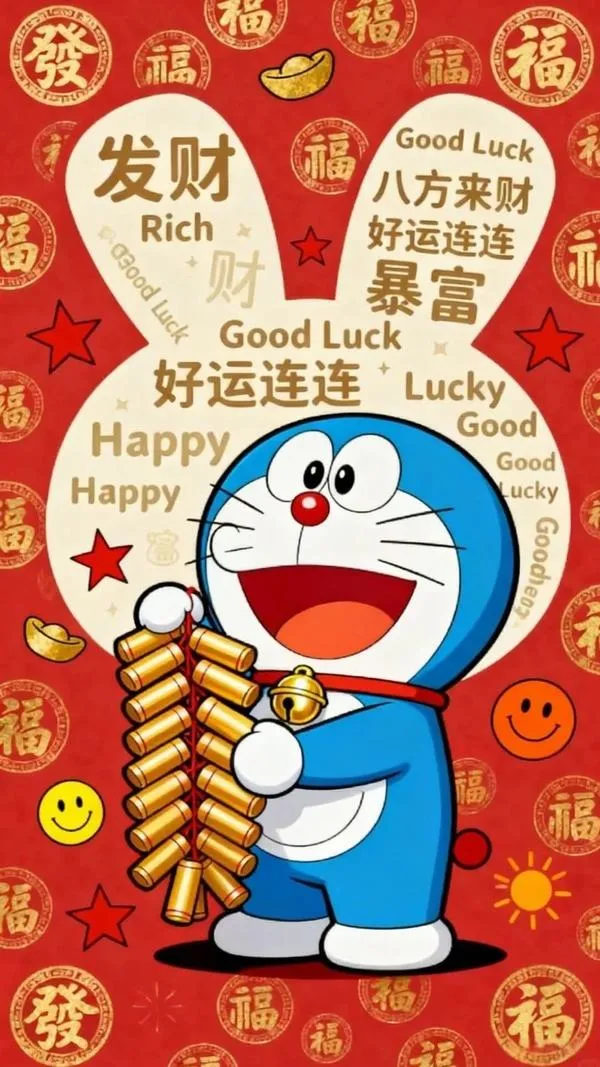 hinh-anh-doraemon-tet-2026-15 Ảnh bìa Đô Rê Mon cầm thỏi vàng và chữ may mắn, nền đỏ nổi bật, chuẩn vibe khai xuân