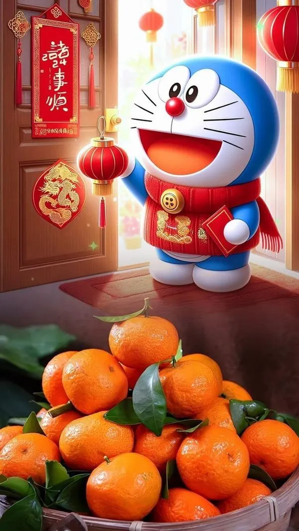 hinh-anh-doraemon-tet-2026-16 Hình mèo máy tương lai đứng cạnh mâm quýt, đèn lồng đỏ ấm, hợp làm avatar ngày Tết