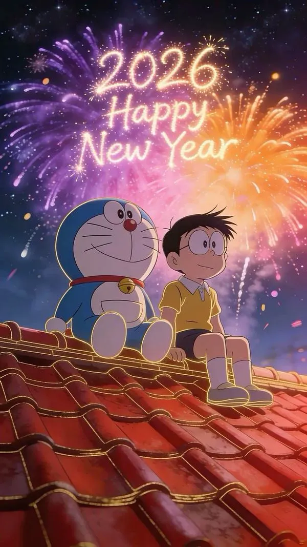 hinh-anh-doraemon-tet-2026-17 Ảnh anime 2026 trên mái ngói, Dora nhỏ bên cạnh, ánh pháo hoa xa, cảm giác hoài niệm