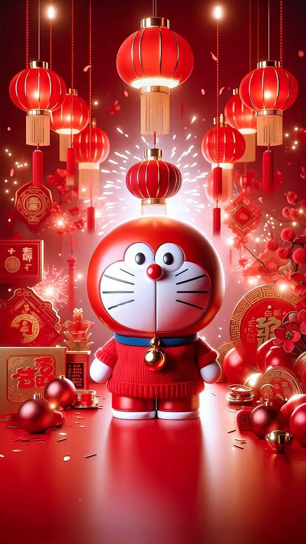 hinh-anh-doraemon-tet-2026-18 Hình nền Doremon đứng giữa sân khấu đèn lồng, ánh đỏ rực, hợp dùng làm ảnh bìa ngầu