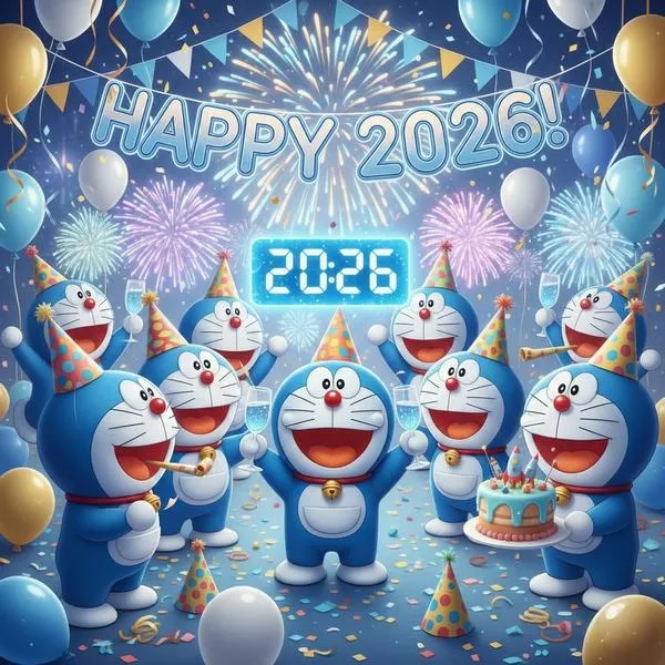 hinh-anh-doraemon-tet-2026-20 Hình đẹp nhóm Doraemon mừng năm mới 2026, bóng bay và tuyết giấy, hợp đăng bài đầu xuân
