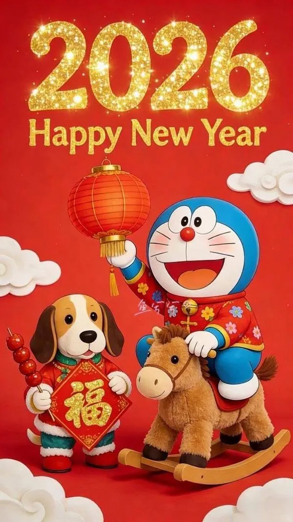 hinh-anh-doraemon-tet-2026-21 Ảnh bìa 2026 có Doraemon và chó nhỏ, nền đỏ vàng ấm, hợp chúc Tết gia đình