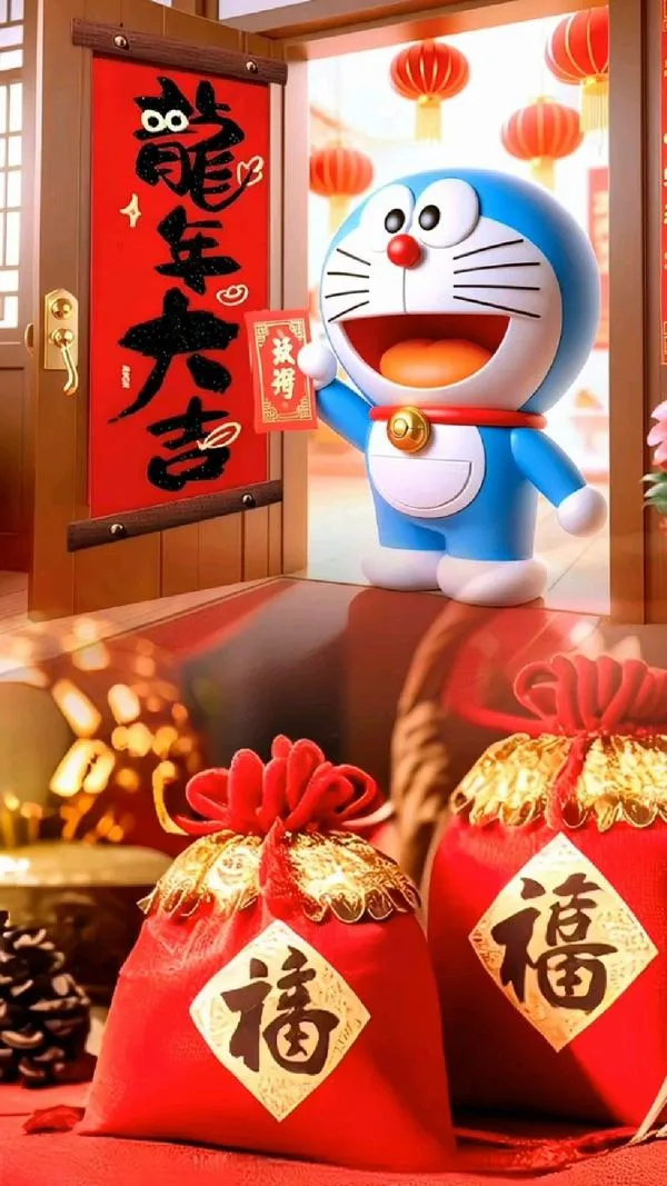 hinh-anh-doraemon-tet-2026-23 Tải ảnh Chồn Xanh đứng trước cửa nhà, câu đối đỏ và chữ phúc, không khí Tết rõ nét