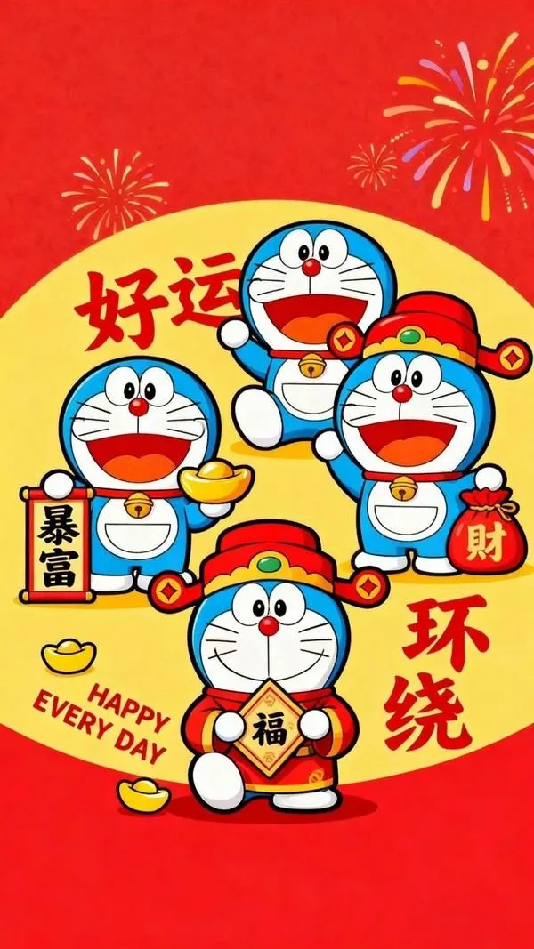 hinh-anh-doraemon-tet-2026-26 Hình Dora và hội bạn bên chữ may mắn, nền đỏ cam tươi, hợp làm ảnh bìa ngày Tết