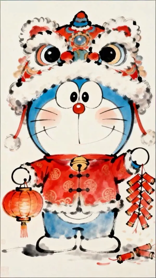 hinh-anh-doraemon-tet-2026-29 Tải ảnh Doraemon mặc đồ múa lân, họa tiết đỏ trắng nổi, nhìn vui và khá ngầu