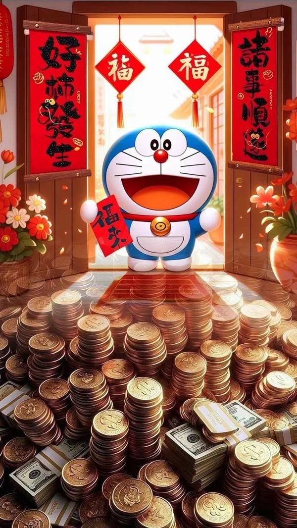 hinh-anh-doraemon-tet-2026-3 Hình Doremon đứng trên núi tiền vàng, khung đỏ may mắn, hợp làm ảnh bìa ngày Tết