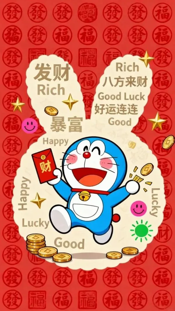 hinh-anh-doraemon-tet-2026-30 Ảnh bìa mèo máy thông minh cầm thỏi vàng, nền đỏ hoa văn, hợp làm hình nền điện thoại