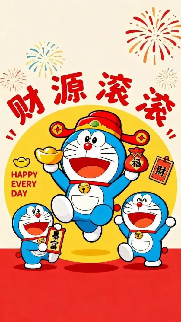 hinh-anh-doraemon-tet-2026-31 Hình đẹp Dora và bạn bè dưới pháo hoa, nền đỏ rực, hợp làm ảnh bìa khai xuân