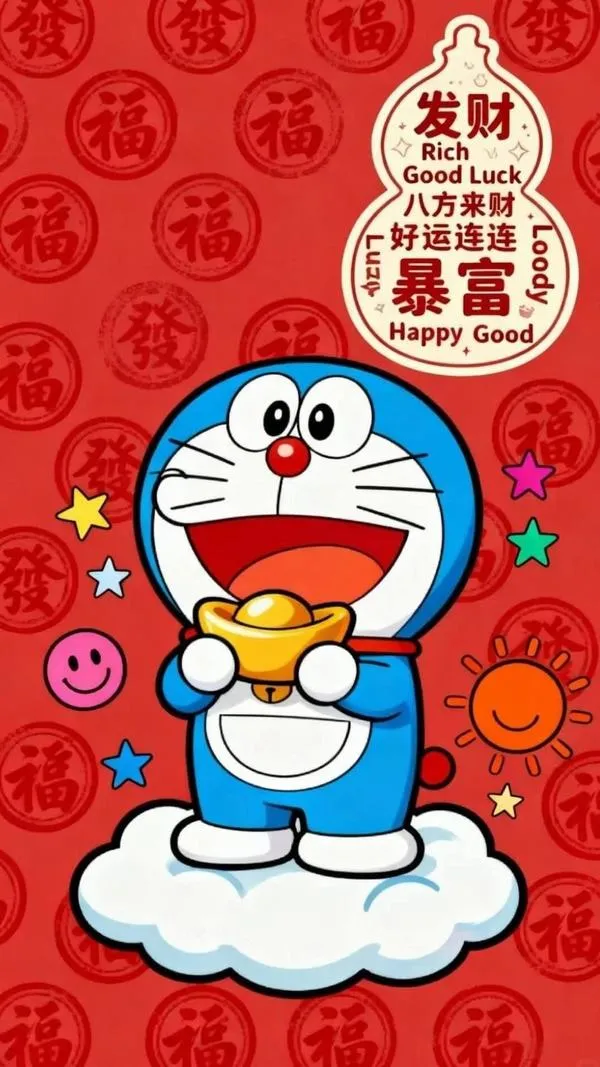hinh-anh-doraemon-tet-2026-32 Tải ảnh Doraemon cười tươi trên nền họa tiết đỏ truyền thống, bố cục gọn, hợp avatar