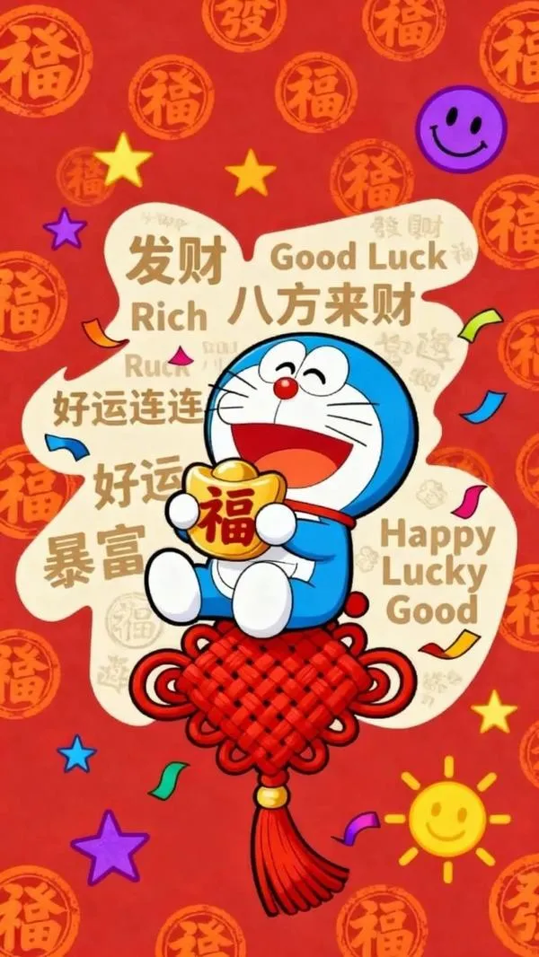 hinh-anh-doraemon-tet-2026-33 Ảnh fanart Chồn Xanh cầm nút dây may mắn, sao vàng rơi nhẹ, hợp đăng lời chúc Tết