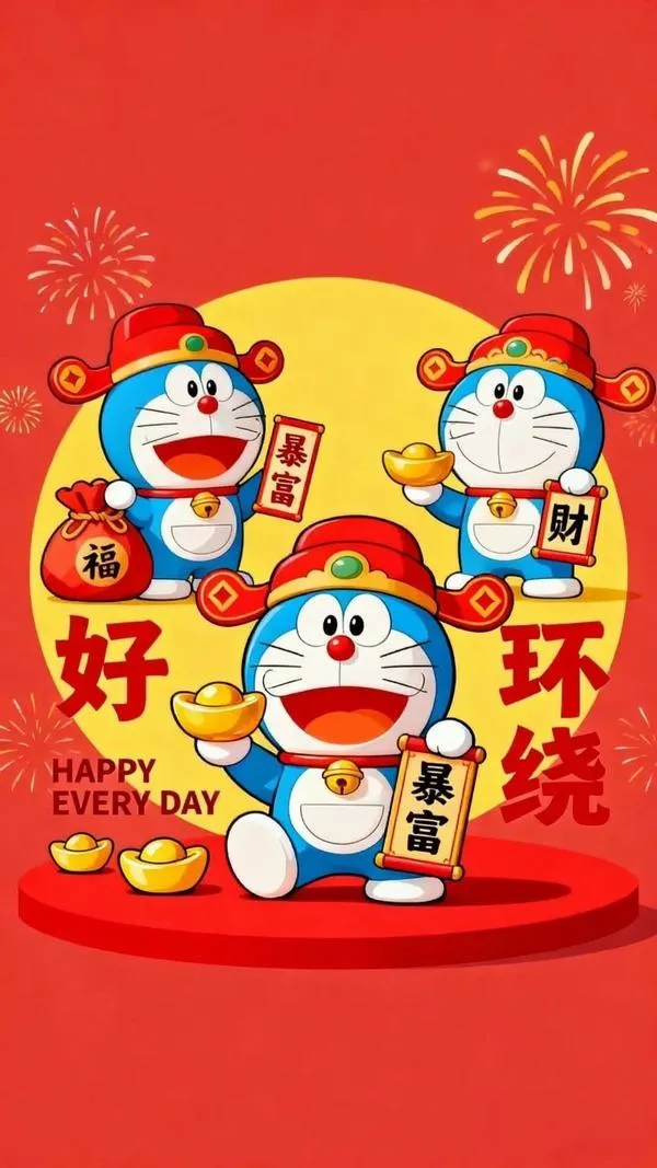 hinh-anh-doraemon-tet-2026-34 Hình nền Đô Rê Mon và nhóm bạn chúc mừng, nền đỏ tươi, hợp dùng làm ảnh bìa