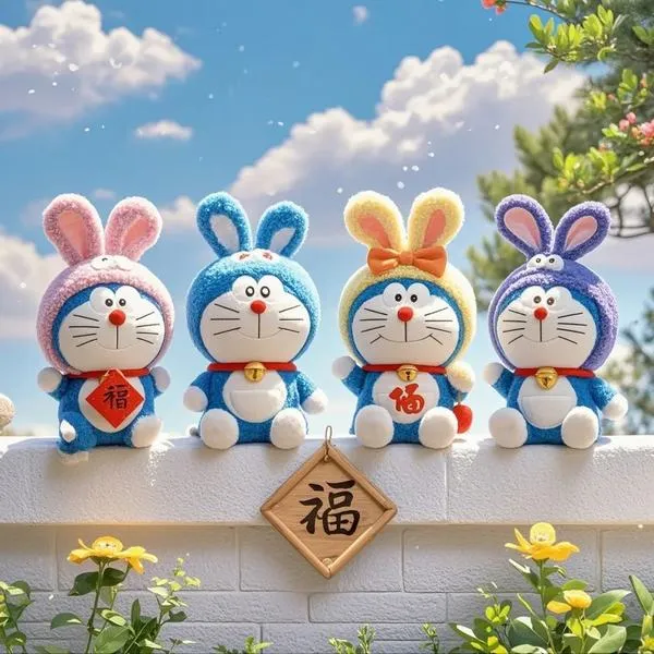 hinh-anh-doraemon-tet-2026-35 Ảnh anime bốn Doraemon tai thỏ đứng trên hộp chữ phúc, trời xanh trong, cảm giác dễ thương