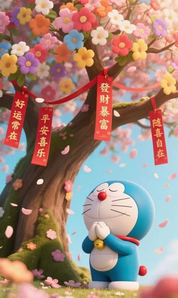 hinh-anh-doraemon-tet-2026-36 Hình nền điện thoại Dora dưới tán hoa xuân và đèn lồng, cánh hoa bay, vibe dịu nhẹ