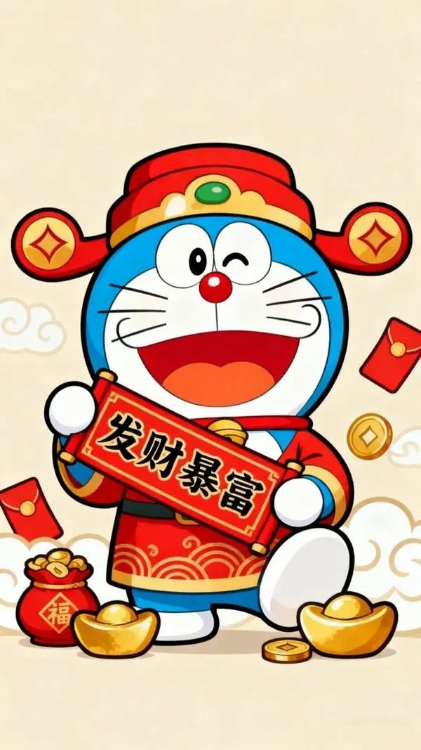 hinh-anh-doraemon-tet-2026-37 Tải ảnh mèo máy tương lai cầm cuộn thư pháp và thỏi vàng, nét vẽ chibi, nhìn rất đẹp