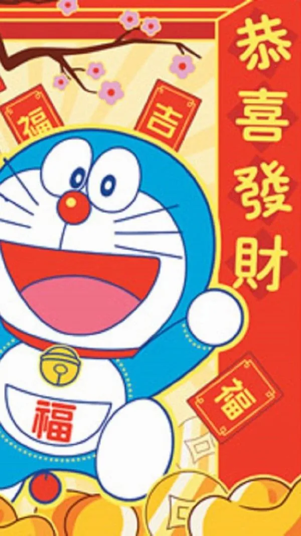 hinh-anh-doraemon-tet-2026-39 Hình nền Doraemon cầm đồng tiền và chữ chúc phát tài, nền vàng đỏ, hợp đổi avatar Tết