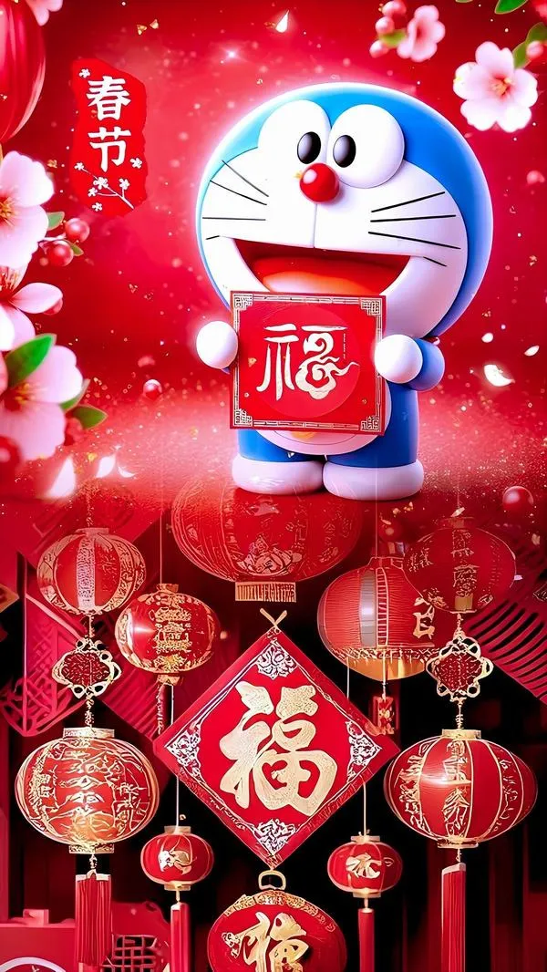 hinh-anh-doraemon-tet-2026-4 Ảnh fanart Đô Rê Mon giữa đèn lồng đỏ và hoa đào, bố cục dọc nổi bật, nhìn rất đẹp
