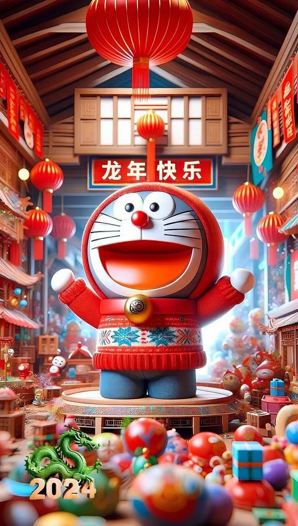 hinh-anh-doraemon-tet-2026-5 Hình nền anime Dora chạy trong phố đèn lồng, ánh sáng ấm, hợp đổi avatar đầu năm
